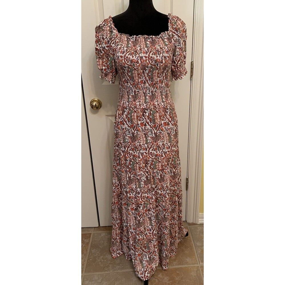 Max Studio Womens Size Medium Dress Maxi Smocked Bodice Floral Tiered Prairie